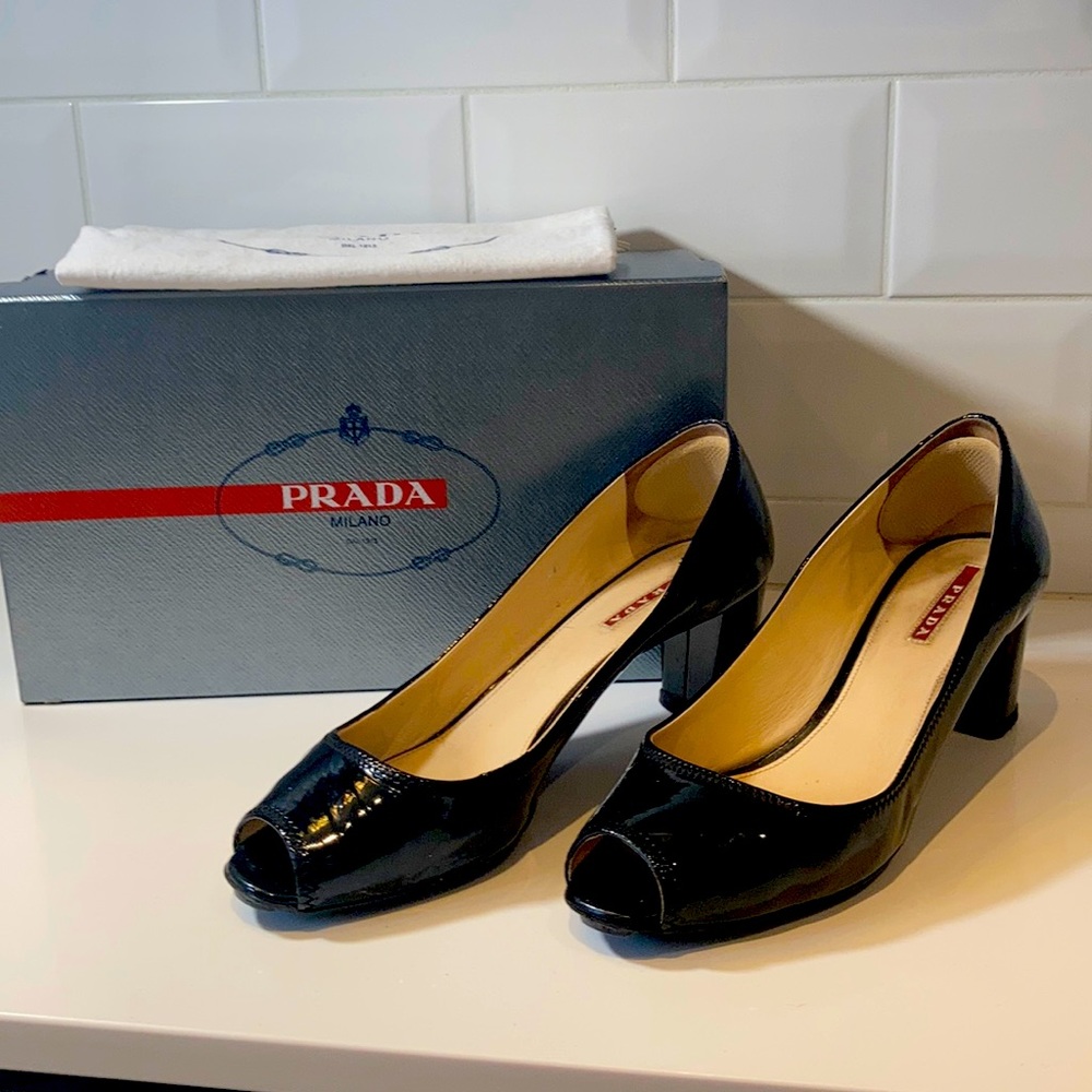 Prada Peep Toe Chunk Heel Patent Leather 10B